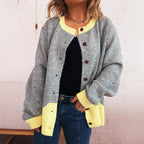 Damen lässige Strickjacke mit buntem Kontrast und eleganten Knopfdetails R&B