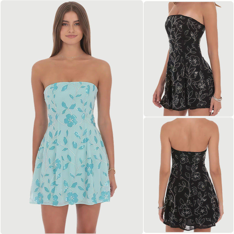 Damen Freizeitkleid mit floralem Aufdruck und schulterfreiem Design R&B