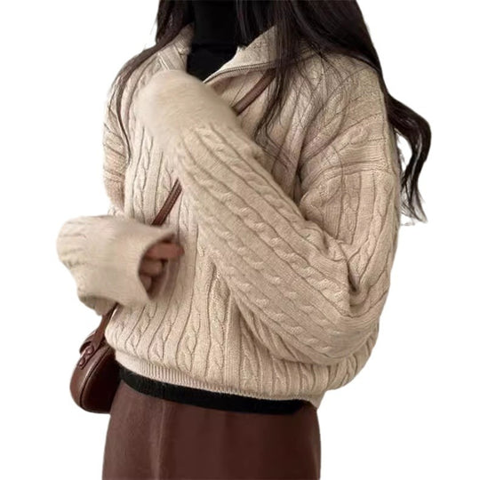 Damen kuscheliger Strickpullover mit hochschließendem Kragen und Zipper R&B
