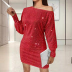 Damen Glamouröses Minikleid mit asymmetrischem Schulterdesign und Funkeleffekten R&B