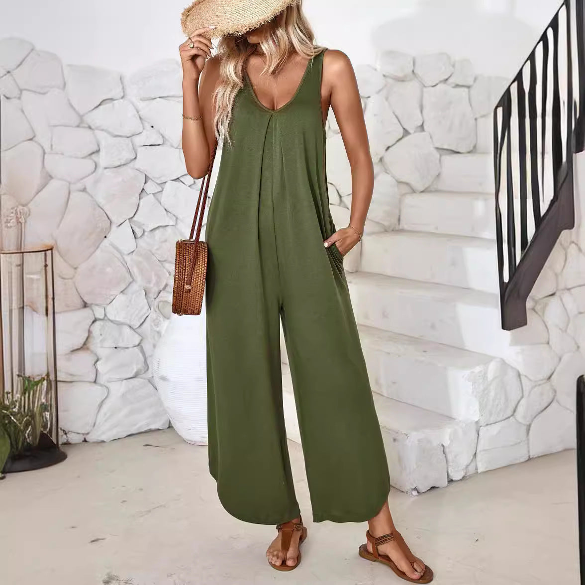 Damen luftiger Jumpsuit mit weitem Bein und praktischen Taschen R&B
