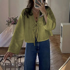 Damen cropped Bluse mit BindR&Band und lockerer Passform R&B