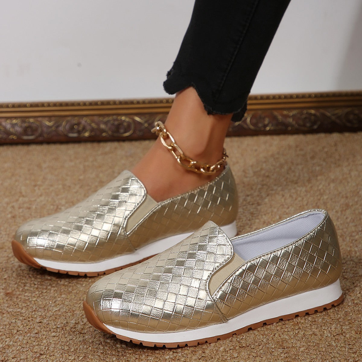 Damen Slip-On Sneakers mit glitzerndem Geflechtdesign und elastischem Komfort R&B