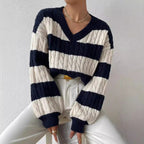 Damen nan gestreifter Grobstrick-Pullover mit Zopfmuster, tiefem V-Ausschnitt und oversized Passform R&B