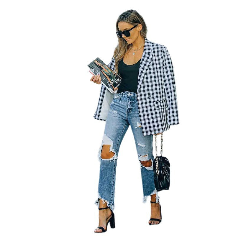 Damen high-waisted Jeans mit fransigen Details und modischen Rissen R&B