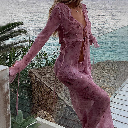 Damen Elegantes Cut-Out Maxikleid mit fließendem Stoff und raffinierten Rüschendetails R&B
