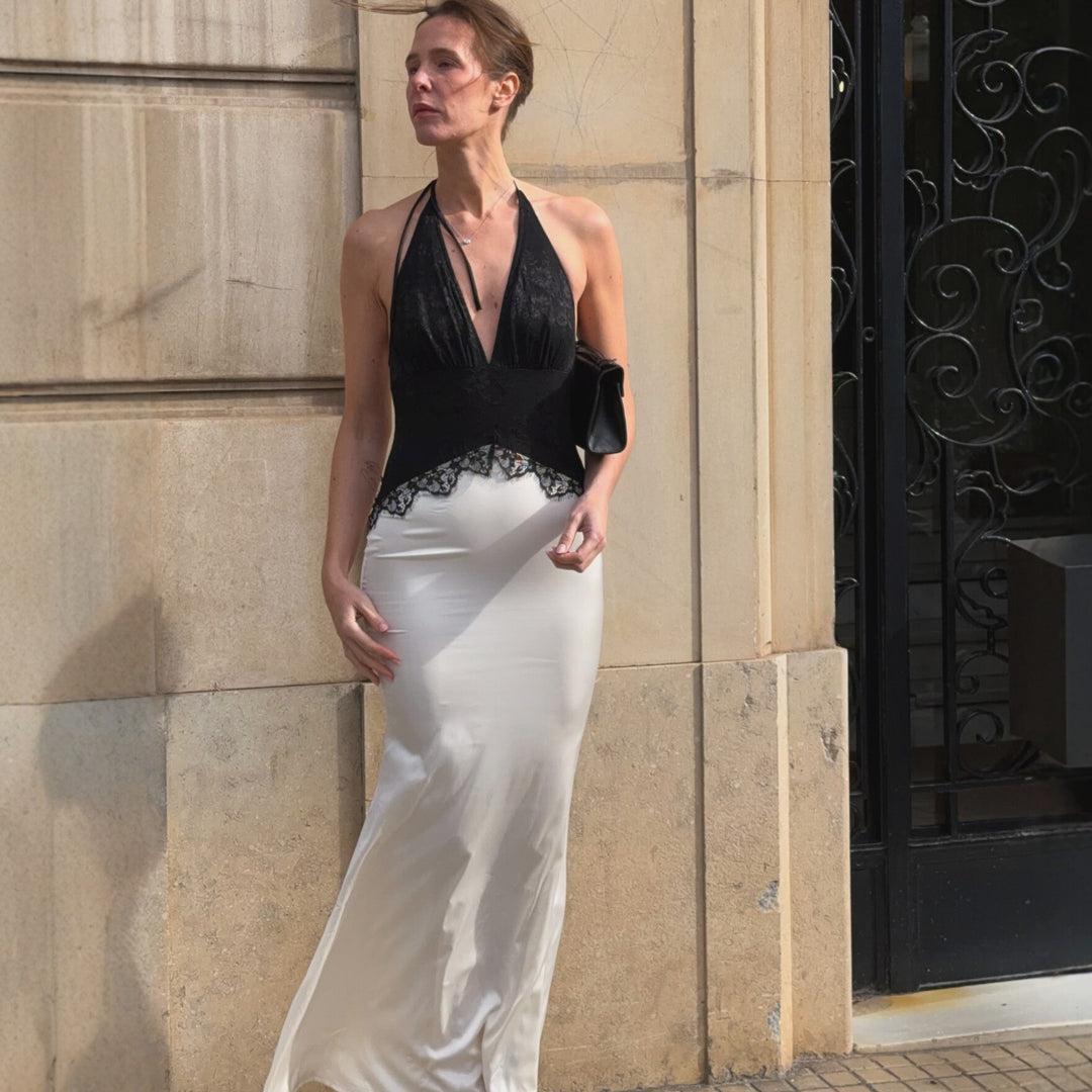 Damen Schickes Maxikleid mit Spitzenoberteil und V-Ausschnitt R&B