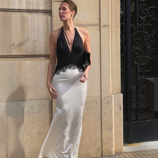 Damen Schickes Maxikleid mit Spitzenoberteil und V-Ausschnitt R&B