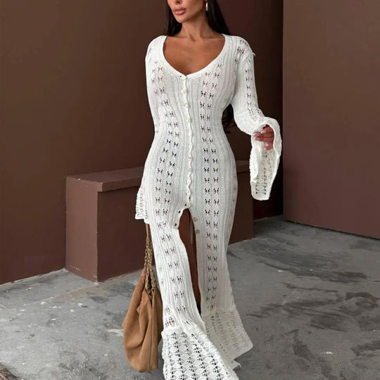 Damen Strickmaxikleid mit nostalgischem Lochmuster und elegantem V-Ausschnitt R&B