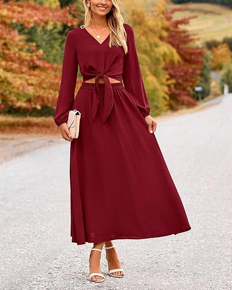 Damen Binde-Kleid mit langen Ärmeln und Rundhalsausschnitt R&B