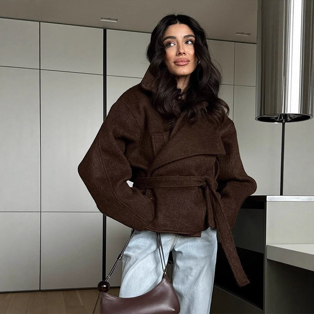 Damen elegante Oversized-Wolljacke mit Gürtel R&B