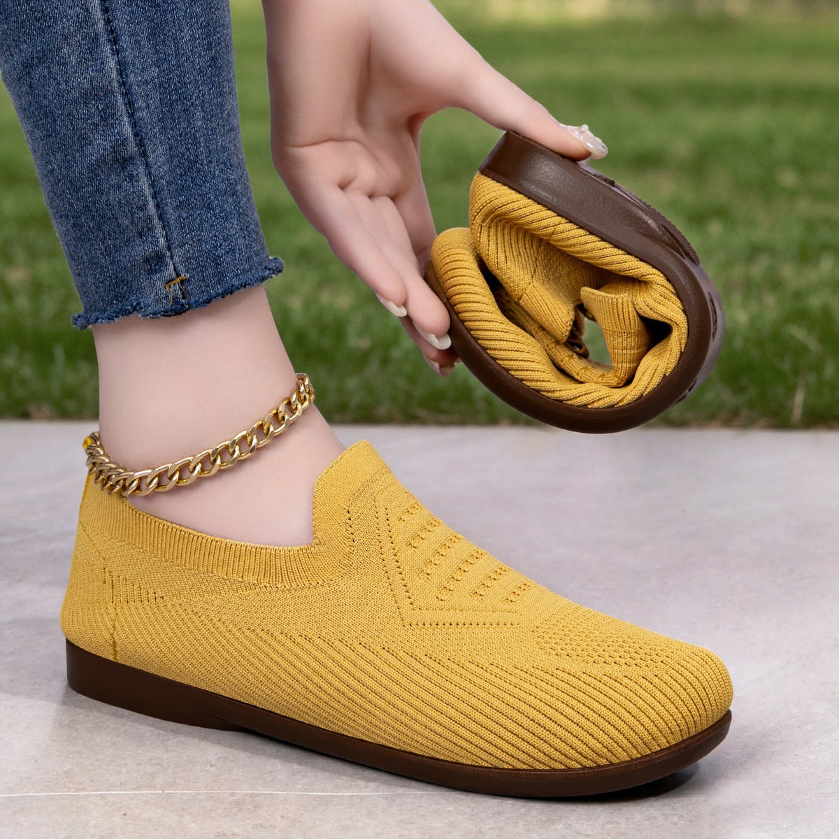 Damen nan gestrickter Komfort-Slip-On Halbschuh mit sockenähnlichem Schaft, gepolstertem Memory-Fußbett und flexibler Leichtlaufsohle R&B