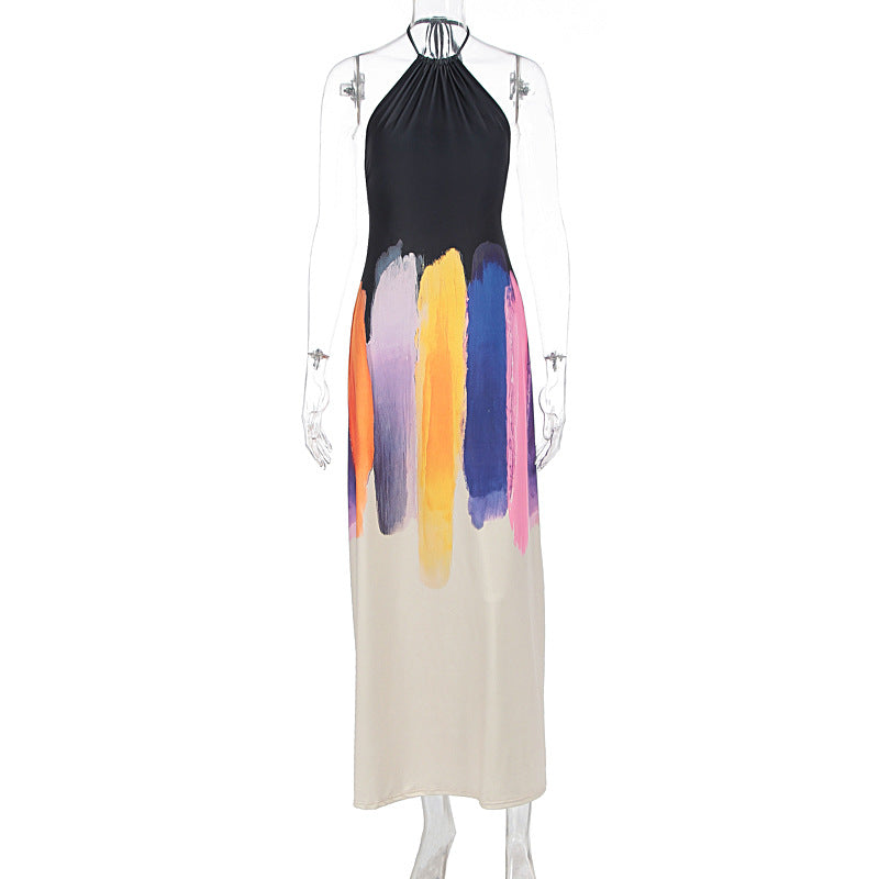 Damen Elegantes Maxikleid mit hochgeschlossenem Design und kreativem Farbverlauf R&B