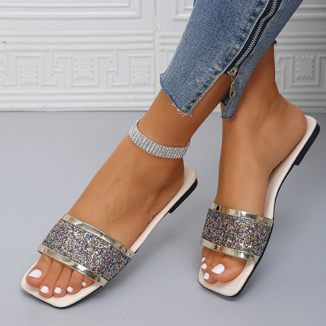 Damen nan flache Pantolette mit breitem Glitzerriemen eckiger Zehenpartie und gepolstertem Fußbett R&B