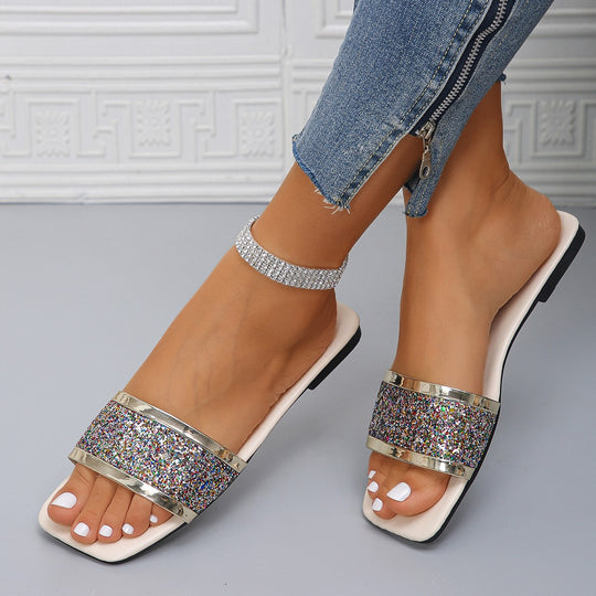 Damen nan flache Pantolette mit breitem Glitzerriemen eckiger Zehenpartie und gepolstertem Fußbett R&B