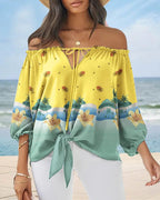 Damen Off-Shoulder Bluse mit floralem Design und Bindegürtel R&B