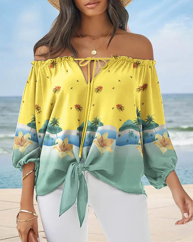 Damen Off-Shoulder Bluse mit floralem Design und Bindegürtel R&B