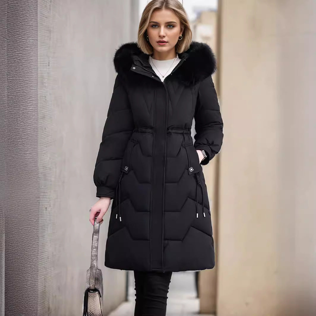Damen eleganter und isolierter Wintermantel mit abnehmbarem Kunstfellkragen R&B