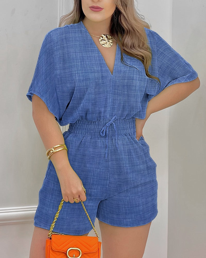 Damen modisches Kurzarm-Jumpsuit mit elastischem Bund und maritimem Muster R&B