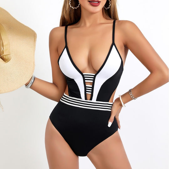 Damen Sportlicher Einteiler Badeanzug mit tiefem V-Ausschnitt und seitlichen Cut-Outs R&B
