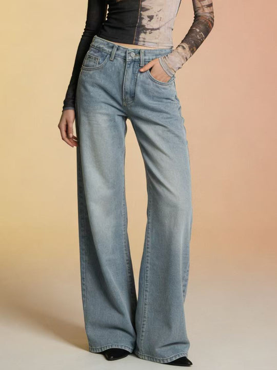 Damen weite Denim-Hose mit Vintage-Waschung und hoch geschnittenem Bund R&B
