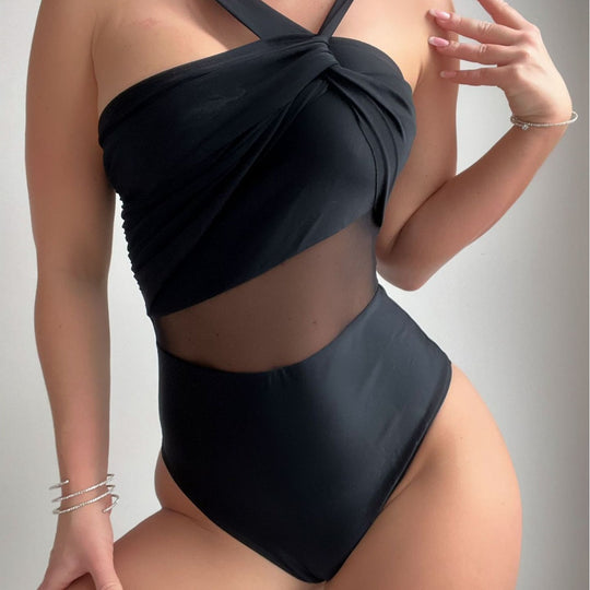 Damen Eleganter Einteiler Badeanzug mit Modernem Stoffmix R&B