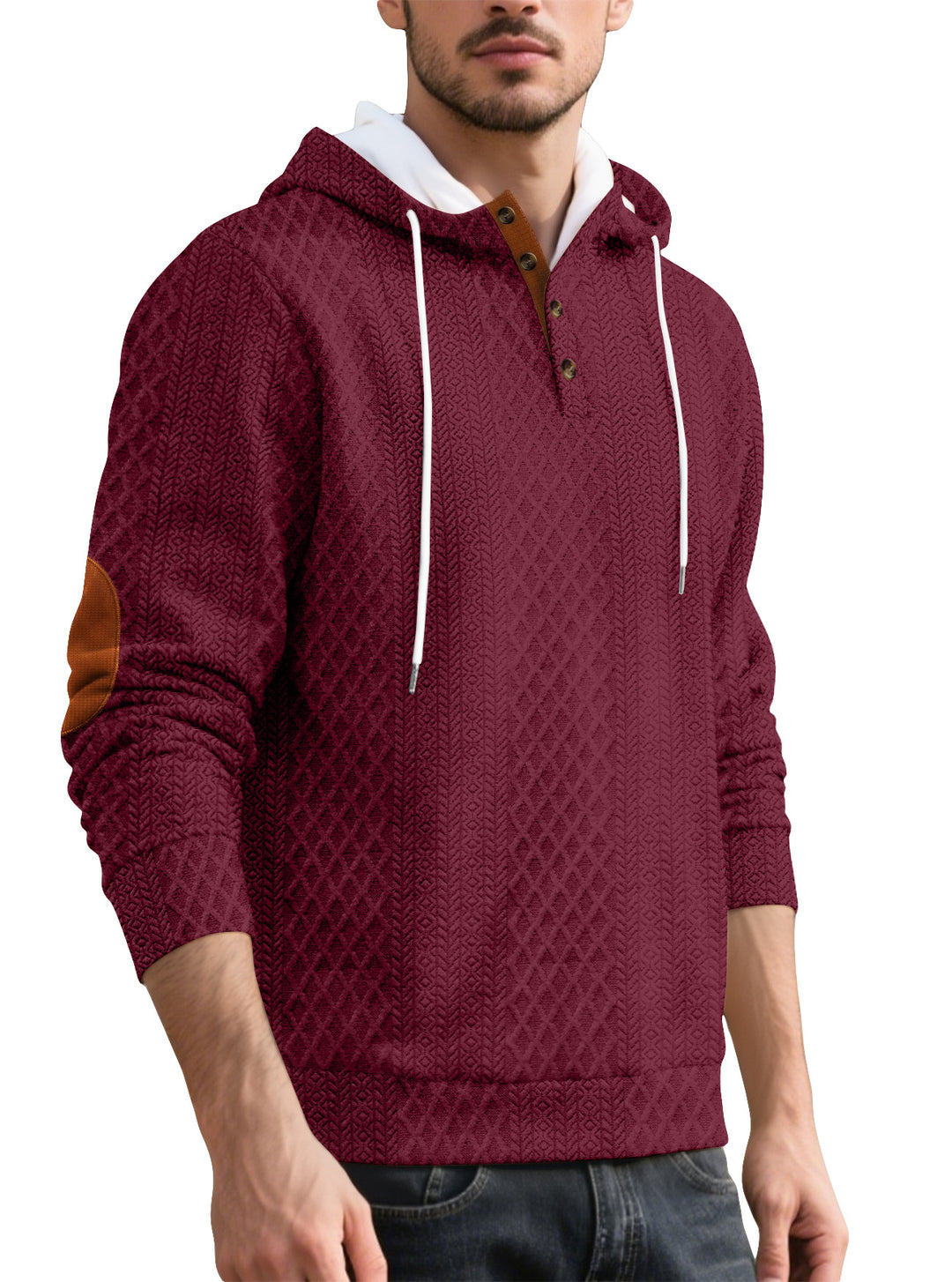 Herren nan Diamond-Struktur Kapuzenpullover mit Kurzknopfleiste, gesteppter Kapuzeninnenkante und Wildleder-Ellbogenpatch R&B
