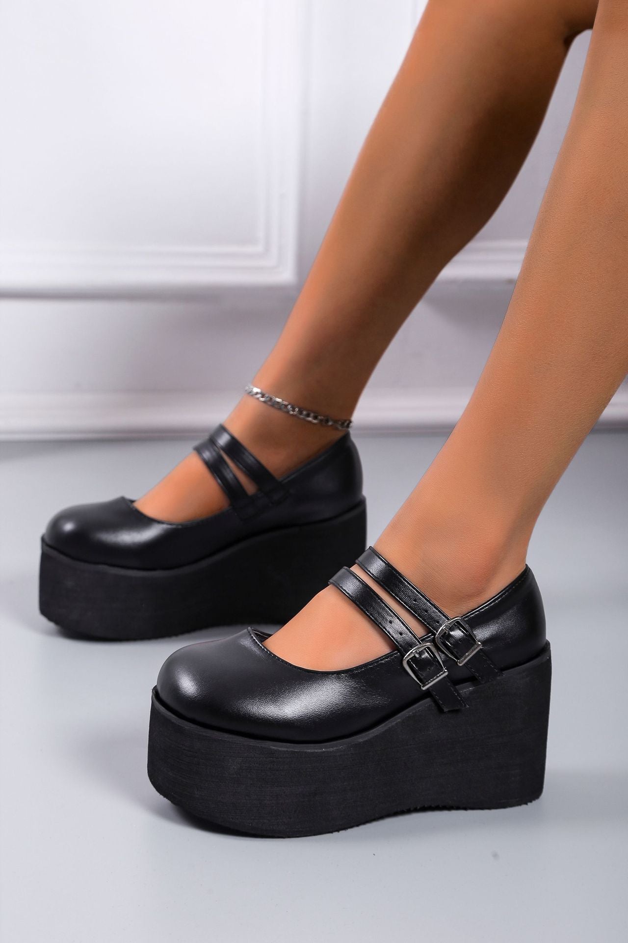 Damen Plateau-Schuhe mit doppeltem Riemen und hohem Absatz R&B