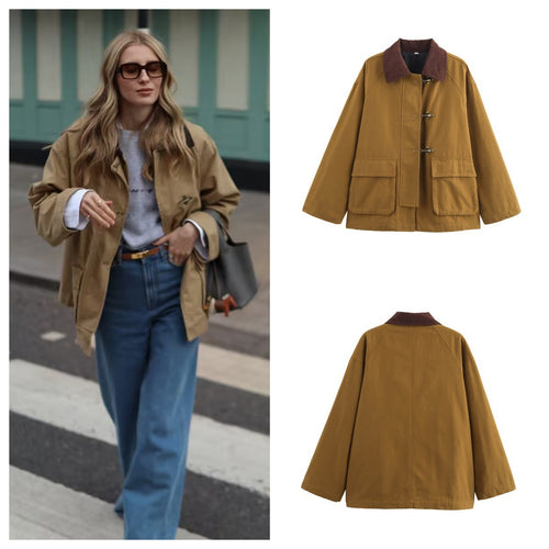 Damen lässige Übergangsjacke mit voluminösem Kragen und praktischen Taschen R&B