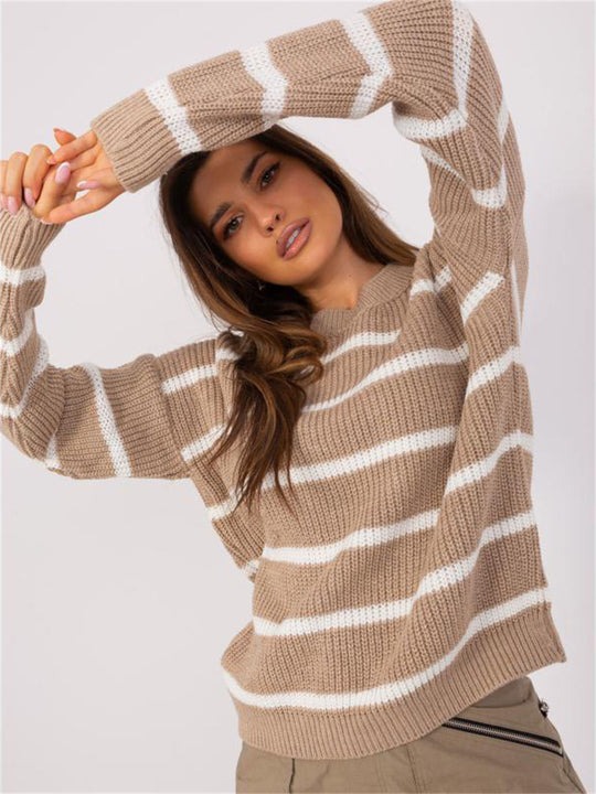 Damen lässiger Strickpullover mit modernem Streifenmuster und weitem Schnitt R&B