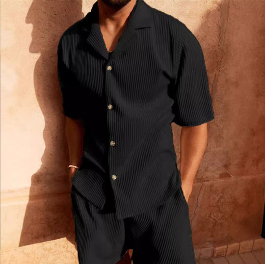 Herren Kurzarm Set aus atmungsaktivem Rippstoff mit moderne Knopfleiste R&B