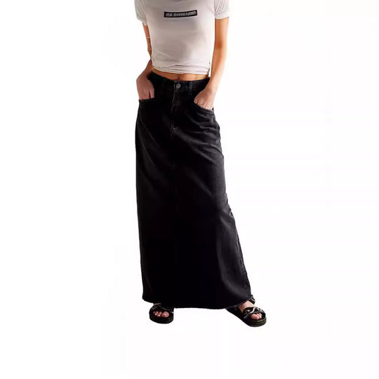 Damen Maxirock aus schwarzem Denim mit seitlichen Taschen und lässigem Schnitt R&B