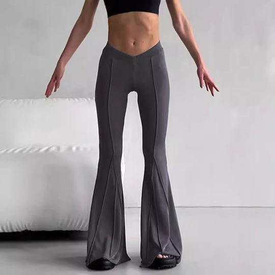 Damen Flared Hose mit V-Ausschnitt und dekorativem Nahtdesign R&B