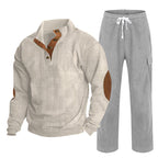 Herren nan Strick-Freizeitset mit Knopfleiste und Ellenbogenaufnähern sowie Cord-Cargohose R&B