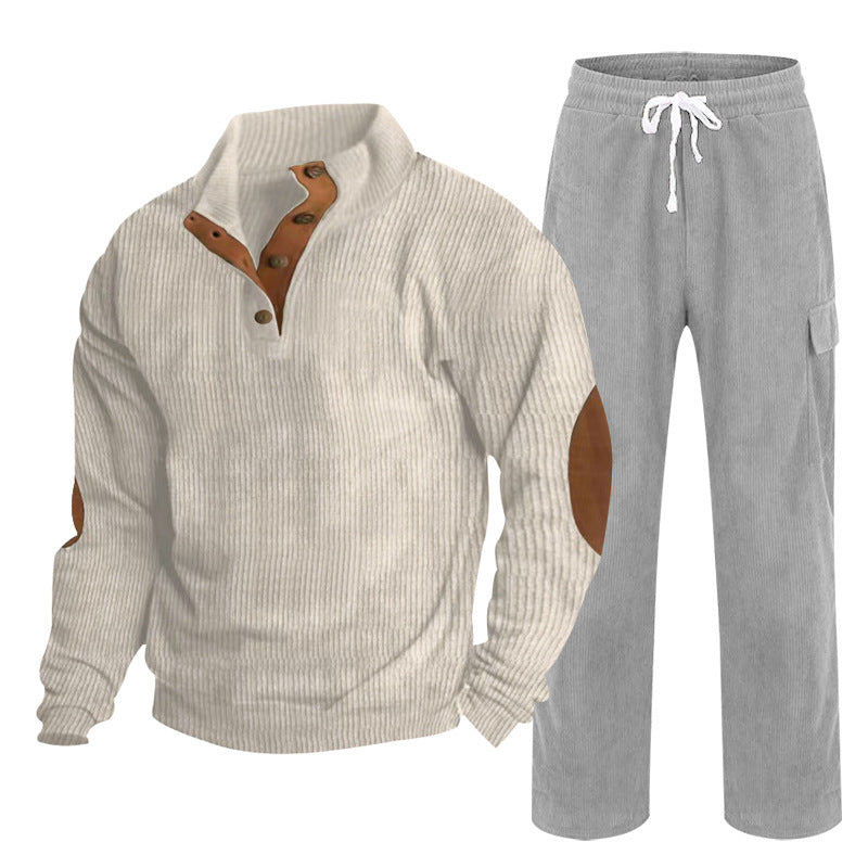 Herren nan Strick-Freizeitset mit Knopfleiste und Ellenbogenaufnähern sowie Cord-Cargohose R&B