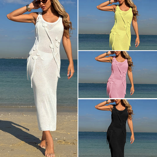 Damen Elegantes Strickkleid mit Blumenapplikationen und seitlichem Bindegürtel R&B