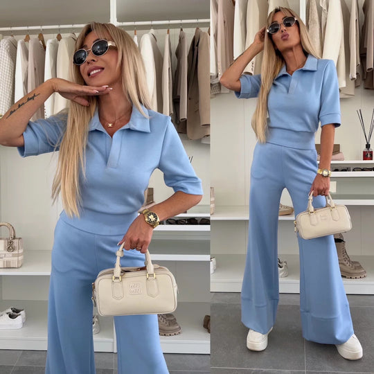 Damen elegantes Poloshirt und flared Hose Set R&B