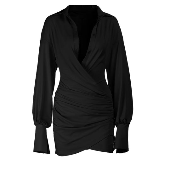 Damen schickes Wickelkleid mit tiefem V-Ausschnitt und langen Ärmeln R&B