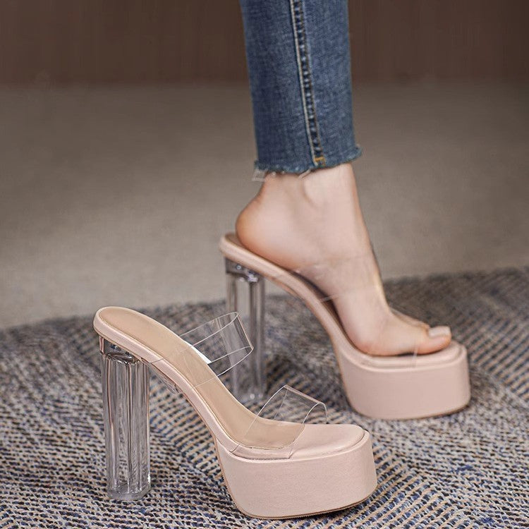 Damen transparente High Heel Mules mit höherem Blockabsatz R&B