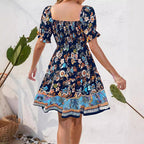Damen Blumenmuster Maxikleid mit Puffärmeln und elastischem Taillengummi R&B