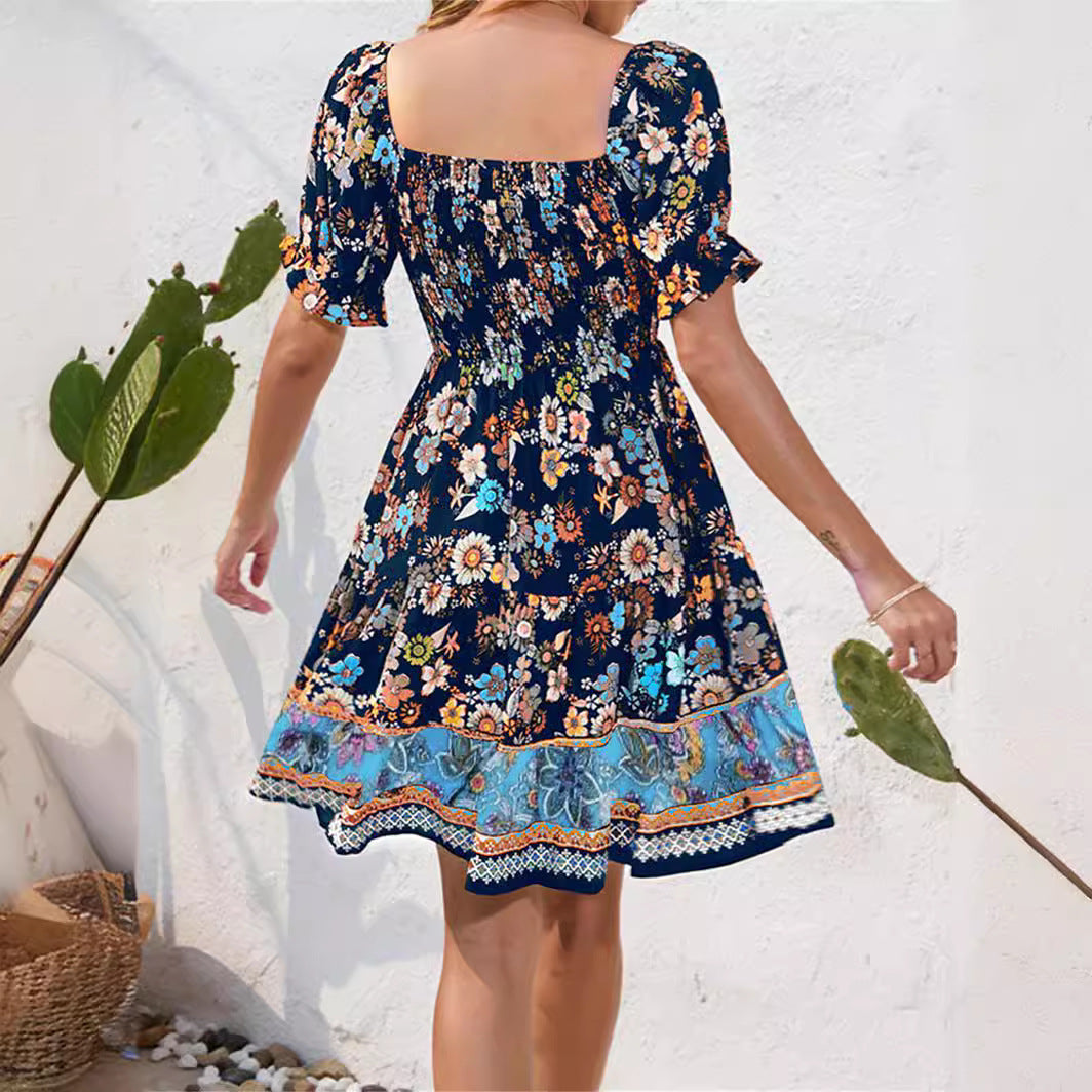 Damen Blumenmuster Maxikleid mit Puffärmeln und elastischem Taillengummi R&B