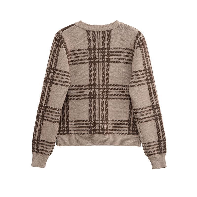 Damen Karierte Strickjacke mit Knopfverschluss und gerafften Ärmeln R&B