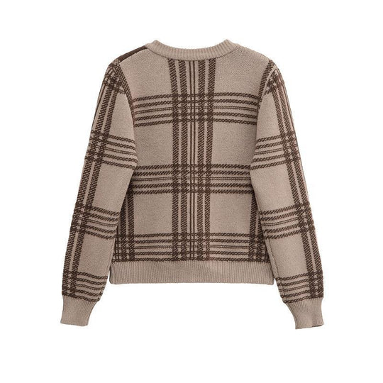 Damen Karierte Strickjacke mit Knopfverschluss und gerafften Ärmeln R&B