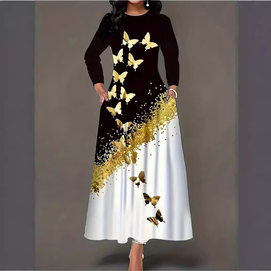 Damen Maxikleid mit elegantem Design und lR&Bendigem Schmetterlingsdruck R&B