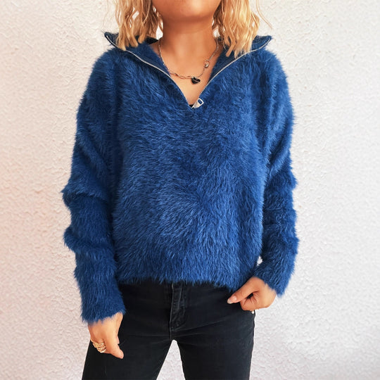 Damen kuscheliger Pullover mit hohem Kragen und Reißverschluss R&B