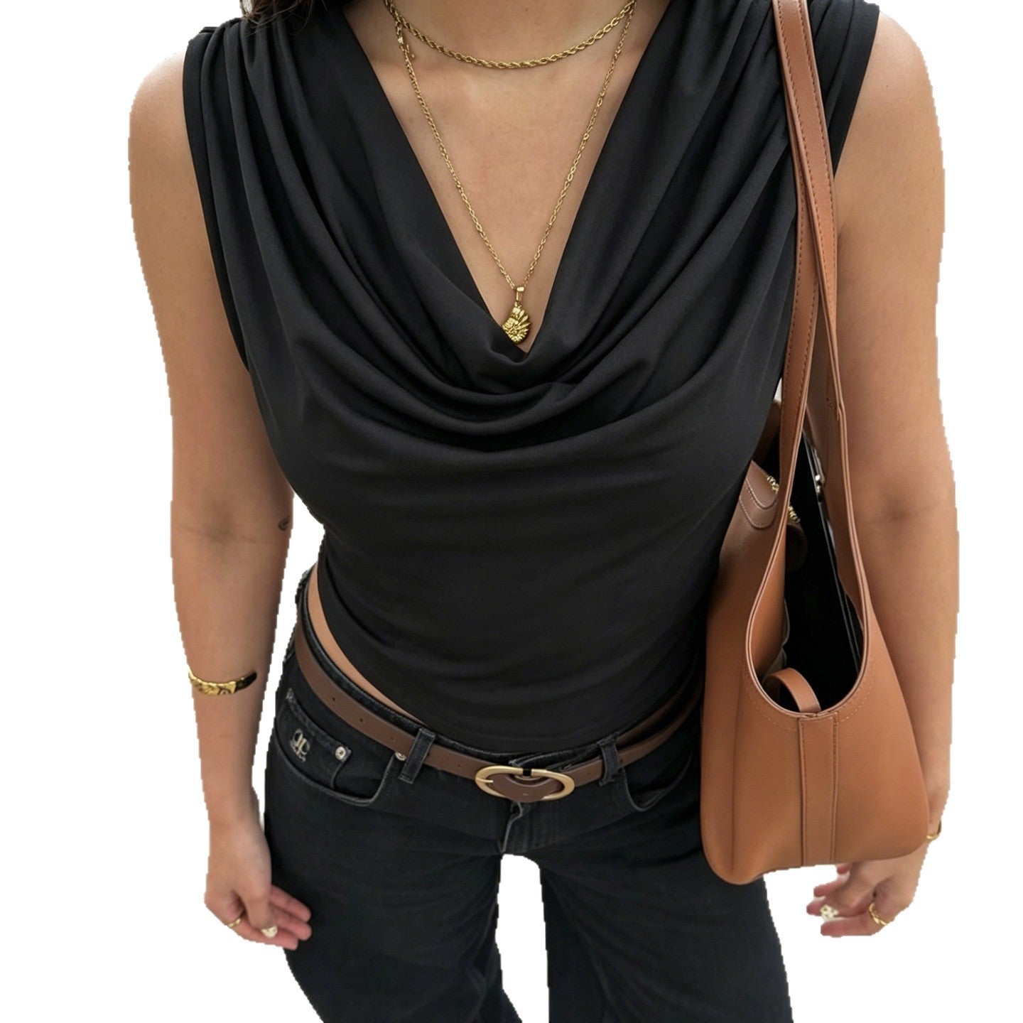 Damen elegantes Cowl Neck Tanktop mit feinen Perlenverzierungen R&B