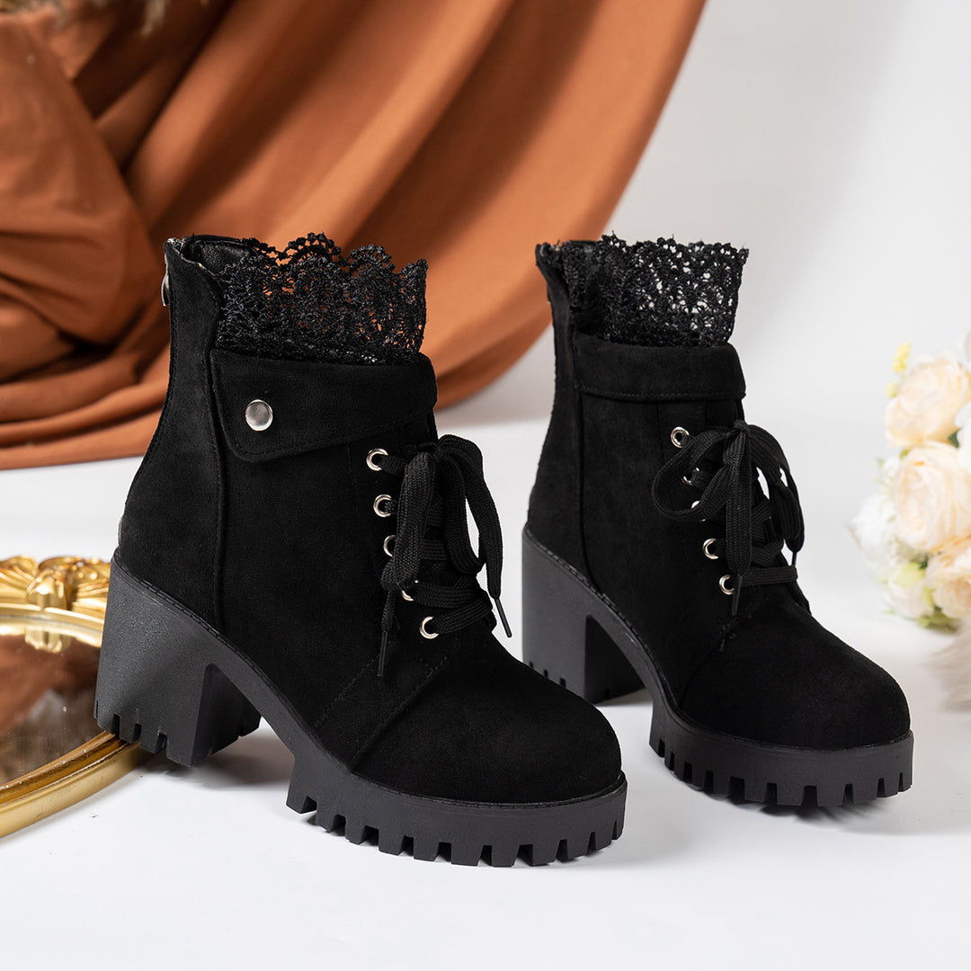 Damen nan Schnürstiefelette mit grober Profilsohle, mittelhohem Blockabsatz und Spitzenkragen R&B