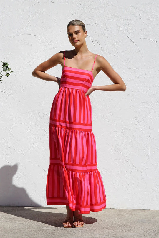Damen Maxikleid mit Streifenmuster und fließendem Rock R&B