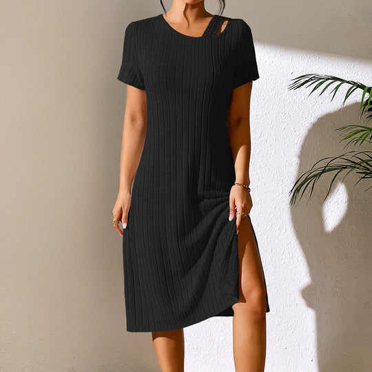 Damen Strickkleid mit modischem Ausschnitt und elastischem Material R&B