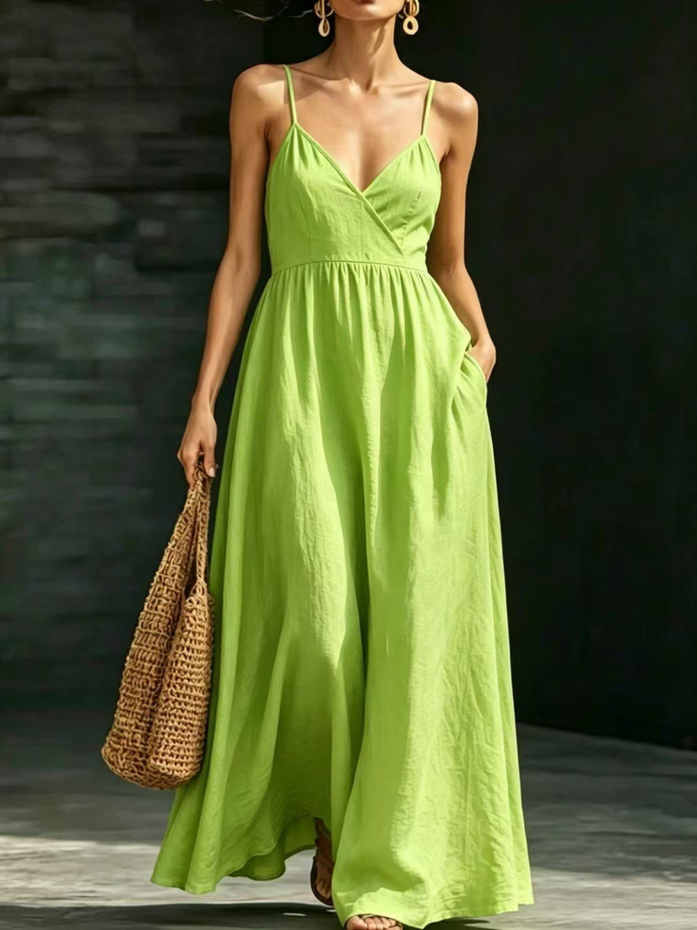 R&B Damen Sommerkleid Midikleid Spaghettiträger V-Ausschnitt